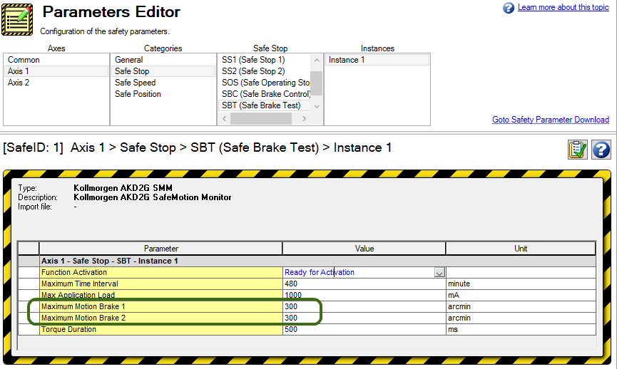 Parameters Editor with Maximum Motion Brake 1 and 2 circled